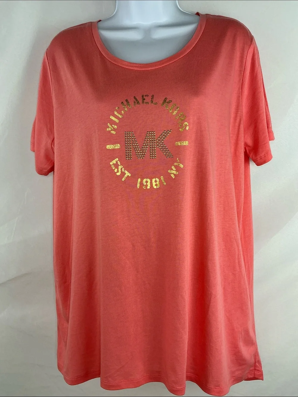 Michael Kors Coral Short Sleeve Tee with Gold MK Emblem Women's Size XL